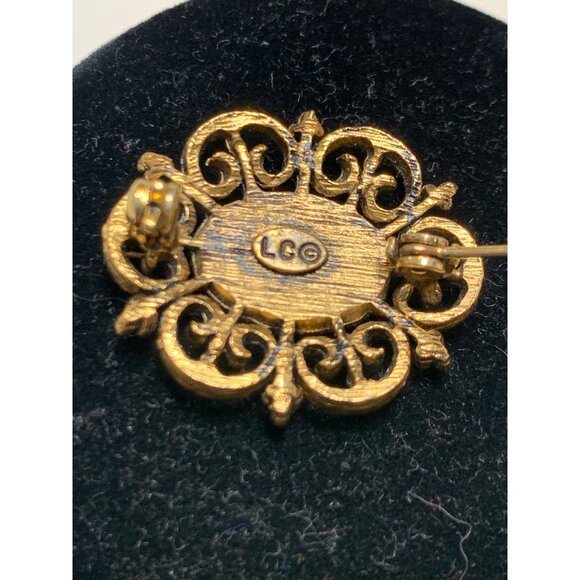 Vintage Oval Tiger Eye Stone Brooch Pin Filigree Signed "LC" - Picture 3 of 3